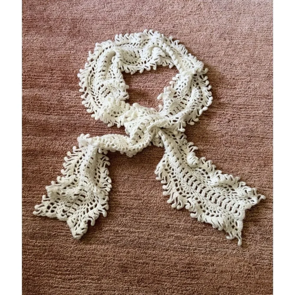 Cream Crochet Knit Scarf Boho Textured Fringe Wrap 70x6